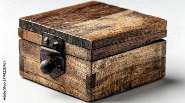 Fototapeta a small wooden box on a white isolated background, rustic and charming lighting