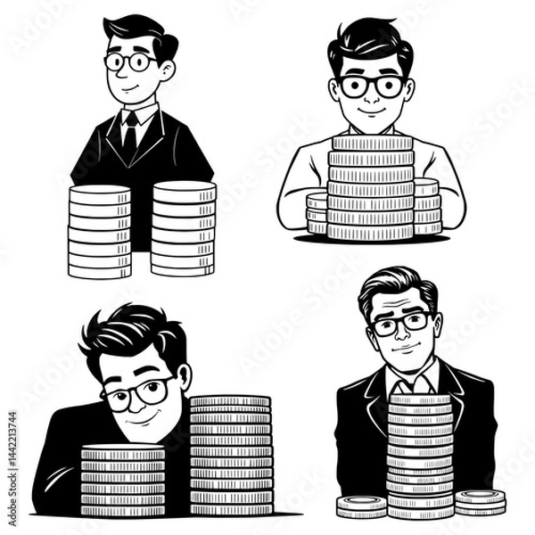 Obraz Businessman with a stack of coins, vector illustration set