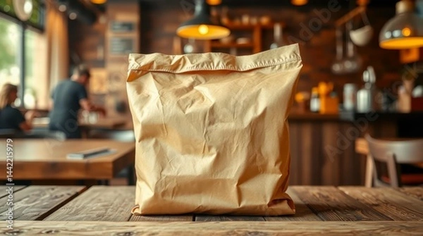 Fototapeta A paper bag stands on a wooden table in a cozy cafe with warm light. The scene creates an atmosphere of calm and coziness. Suitable for themes of ecology, food and city life.