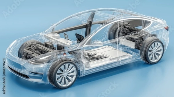 Fototapeta Wireframe of futuristic car concept with blue background. Futuristic digital wireframe of car concept with blue background. Electric EV car charging at charging station