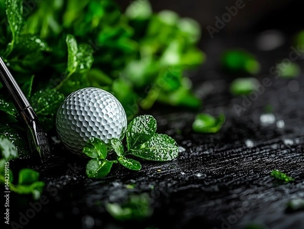 Fototapeta Golf ball surrounded by fresh mint leaves on dark surface