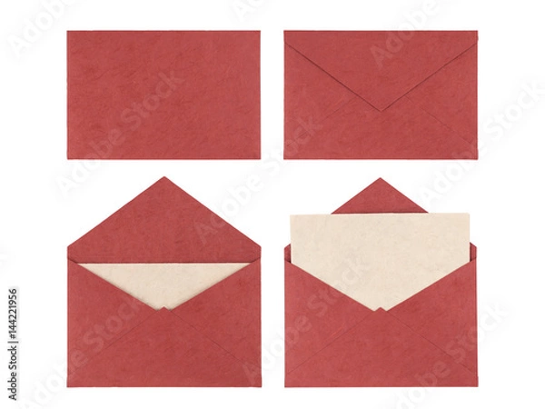Fototapeta Red envelope made from natural fiber paper isolated on white background. Clipping path included.