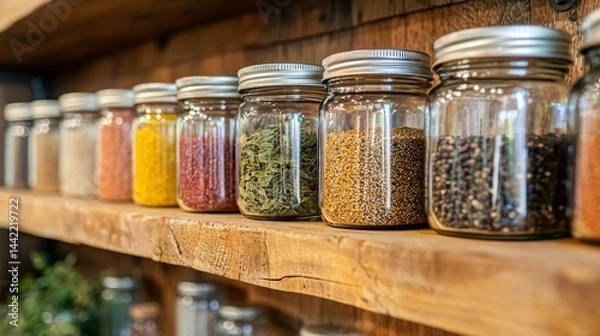 Fototapeta Colorful Spice Jars on Wooden Shelf in Rustic Kitchen Setting
