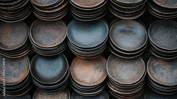 Fototapeta Stacked Rustic Plates in Varied Textures and Earthy Tones