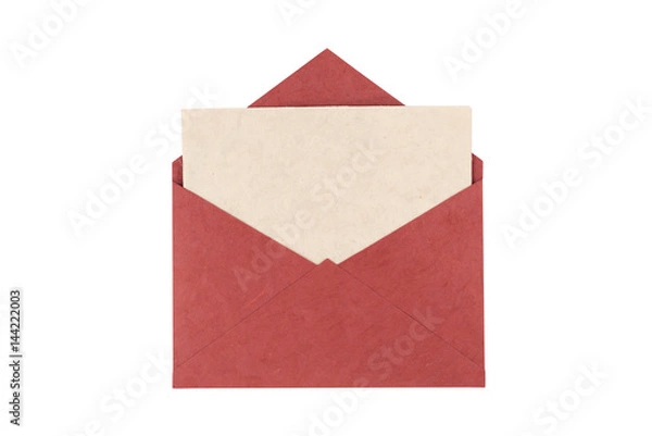 Fototapeta Red envelope made from natural fiber paper isolated on white background. Clipping path included.