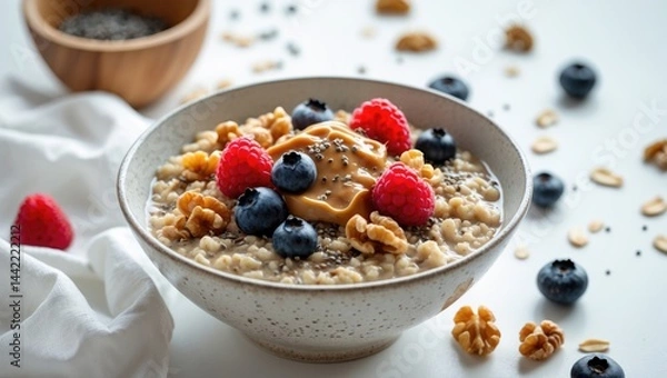 Fototapeta Hearty boiled oatmeal served with berries, walnuts, peanut butter, and chia seeds in a bowl isolated on white