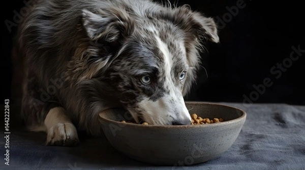 Obraz Focused Blue-Eyed Dog Enjoying Meal from Bowl in Low Light Setting