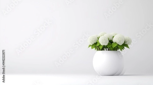 Fototapeta Hydrangea Bouquet in White Pot Minimalist Clean Style High-resolution Studio Lighting Center Composition Simple Arrangement Peaceful Display White Background Pure Serenity Ideal for Home Decor