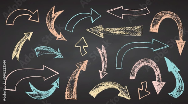 Obraz Set crayon hand drawn pastel arrows in different directions on black chalkboard Chalk, brush drawing bold elements Collection doodle thick geometric collage shapes Brutal contemporary figures Vector