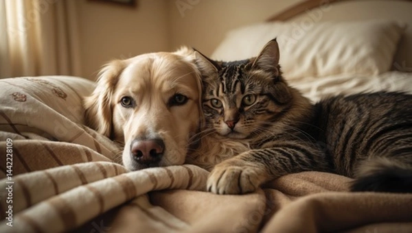 Fototapeta Happy young golden retriever dog and sweet mixed breed tabby cat curled up under a soft plaid. Animals kept warm under a blanket in frigid weather. Pet friendship. Idea of pet care.