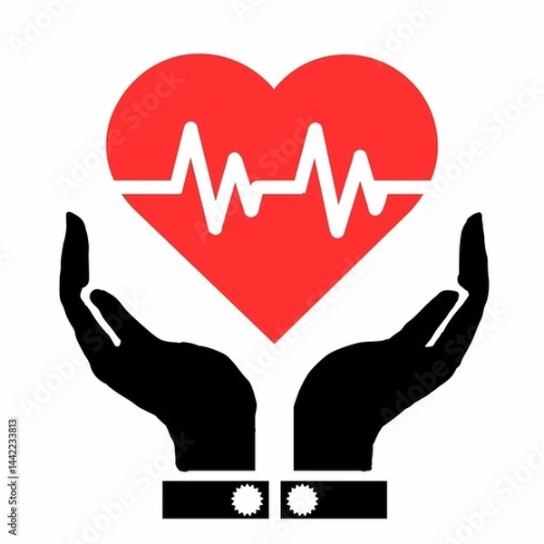 Obraz This is a pixel design illustrating the concept of health insurance. Symbolic icons, such as a shield, cross, card, and document, represent safety, care, and financial protection.