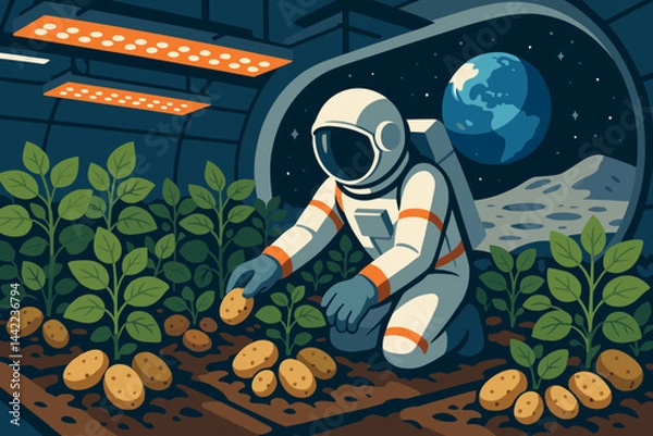 Fototapeta The scene depicted is a flat, off-world setting featuring an astronaut, tubers, and a curved window with a view of Earth