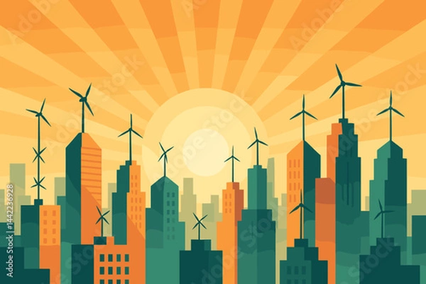 Obraz The scene is a flat urban renewal depiction featuring small rotors, an orange sky, and glass towers