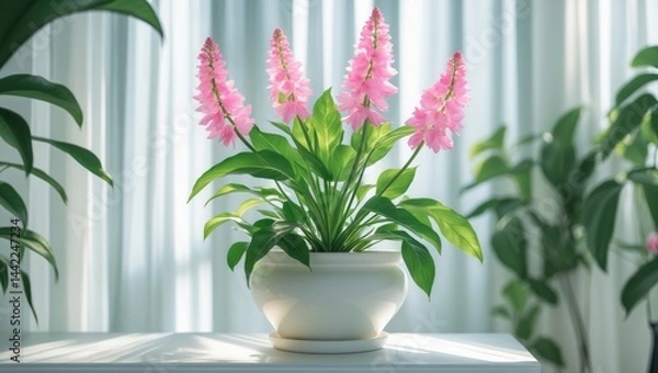 Fototapeta Blooming pink Curcuma alismatifolia plant housed in a white ceramic pot, set near a sunlit window for a peaceful and elegant presentation.