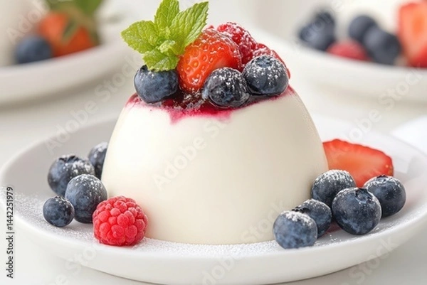 Obraz Pancakes with Berries and Cream: A delectable dish of creamy pancakes topped with a vibrant array of fresh berries, including blueberries, raspberries, and strawberries.