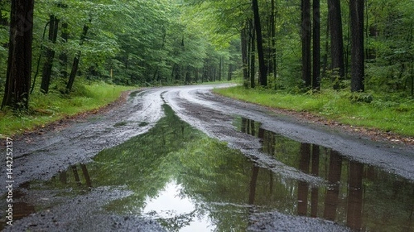 Fototapeta A winding wet road reflecting trees after a rainfall in the forest