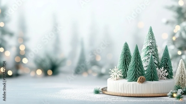 Obraz Winter Wonderland Cake: An enchanting scene featuring a meticulously crafted cake adorned with miniature, snow-dusted evergreen trees, sparkling fairy lights, evokes the essence of winter's magic. 