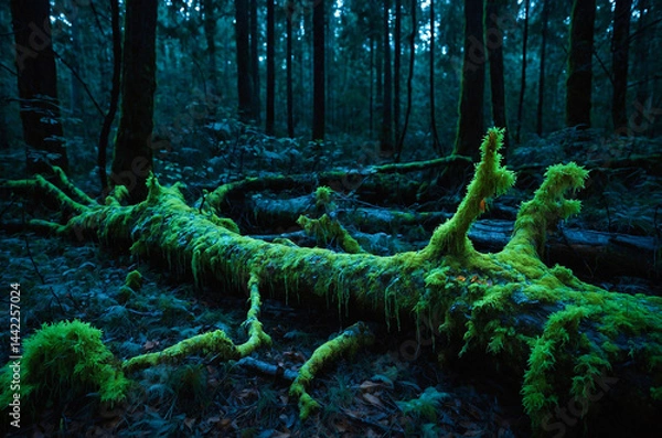Fototapeta Fallen Tree with Glowing Bioluminescent Moss - Dark Enchanted Forest for Fantasy Book Covers & RPG Game Assets