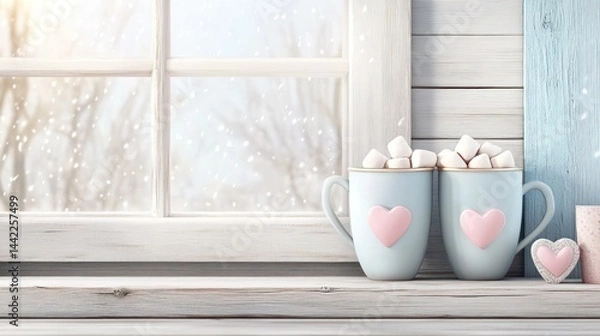 Obraz A cozy scene in the living room on Valentine's Day, with two mugs of hot cocoa, decorated with heart-shaped marshmallows, and snow falling gently outside the window.