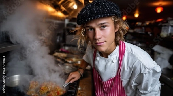 Obraz Young male chef cooking in a busy professional kitchen with steam and smoke rising from the pan