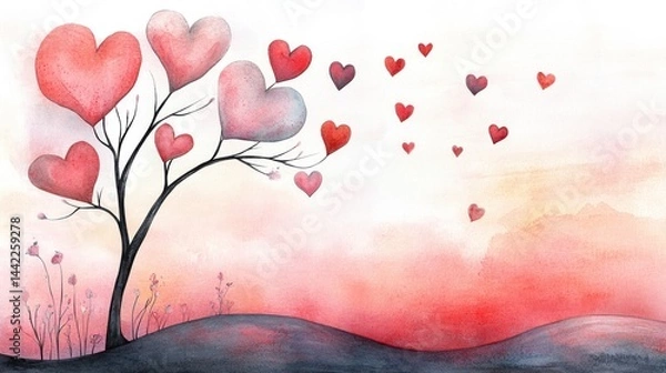 Obraz A tree in a peaceful park, heart-shaped leaves falling like confetti, creating a romantic atmosphere with a soft pink sunset in the background on Valentine's Day, in the watercolor style.