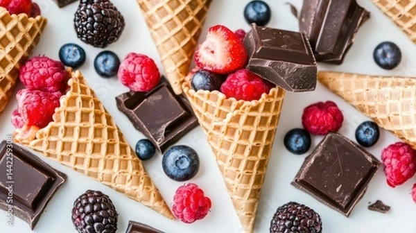 Fototapeta Sweet Bites of Joy: A delightful array of ice cream cones overflowing with fresh, vibrant berries and decadent chocolate chunks creates a tantalizing visual treat.