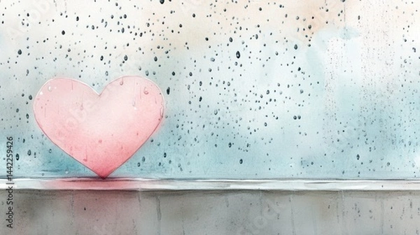 Obraz A rainy day scene with a heart on the window sill, raindrops gently tapping the glass, and the warm light from within makes the letter shine on Valentine's Day in watercolor style.