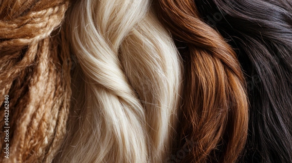 Fototapeta Different hair colors and textures are creatively arranged side by side, highlighting the diversity and beauty of healthy hair in a stunning visual display.