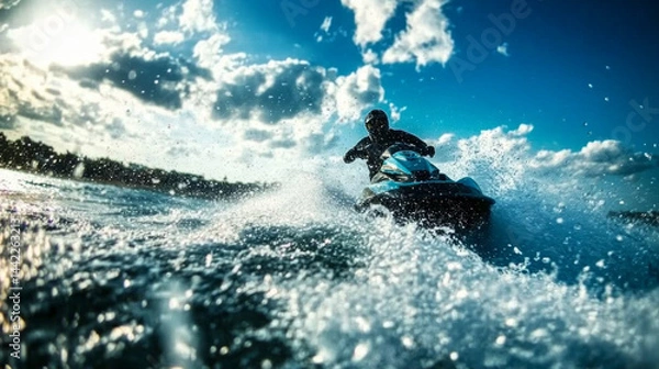 Fototapeta A jet ski speeds across the water, creating splashes in the air, captured in a dynamic wide angle. The cool blue sea contrasts with the warm colors of the evening sky.