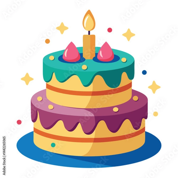 Obraz Colorful Cartoon Two-Tiered Birthday Cake with Candle