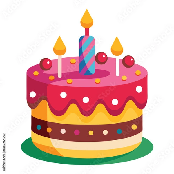 Obraz Colorful Birthday Cake with a Single Candle Illustration