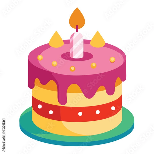 Obraz Colorful Birthday Cake with a Single Candle Illustration