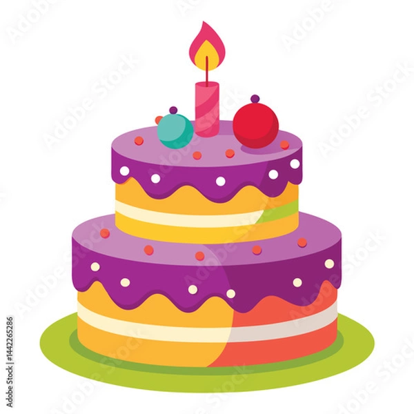 Obraz Colorful Birthday Cake with a Single Candle Illustration