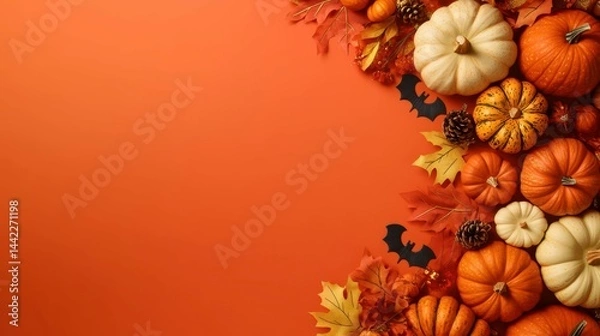 Obraz Autumn Harvest Festival: A vibrant display of pumpkins, leaves, and seasonal gourds artfully arranged on a warm orange background. The scene invites the warmth and spirit of autumn harvest festivals.