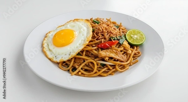 Fototapeta Mee Goreng Mamak with egg and lime on a white background