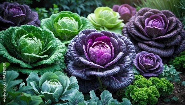 Fototapeta Display of Ornamental Kale and Cabbage varieties