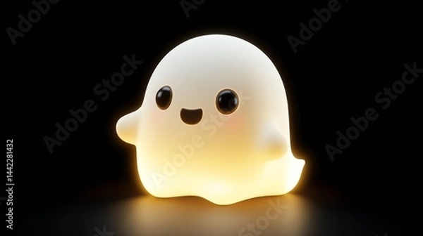 Fototapeta 3d cartoon ghost icon. 3d cute icon of a ghost for Halloween, isolated on a black background. Halloween ghost 3d illustration. Glowing neon ghost.