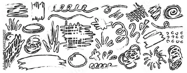 Obraz Collection of hand drawn doodles and squiggles for text highlighting sign. Set of different design elements with scribbles texture. Black brush strokes. Simple cute vector swashes and strokes
