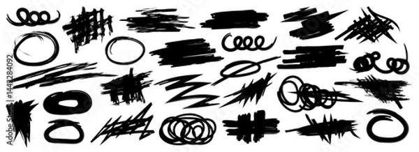 Obraz Collection of hand drawn doodles and squiggles for text highlighting sign. Set of different design elements with scribbles texture. Black brush strokes. Simple cute vector swashes and strokes