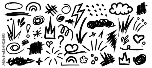 Obraz Collection of hand drawn doodles and squiggles for text highlighting sign. Set of different design elements with scribbles texture. Black brush strokes. Simple cute vector swashes and strokes