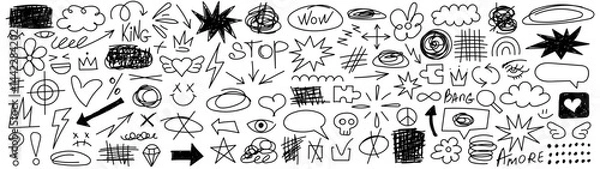 Obraz Collection of hand drawn doodles and squiggles for text highlighting sign. Set of different design elements with scribbles texture. Black brush strokes. Simple cute vector swashes and strokes