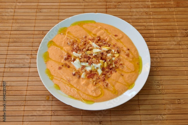 Obraz A white plate with a delicious red soup topped with bacon bits. The bacon is spread out across the surface of the soup, creating a visually appealing presentation