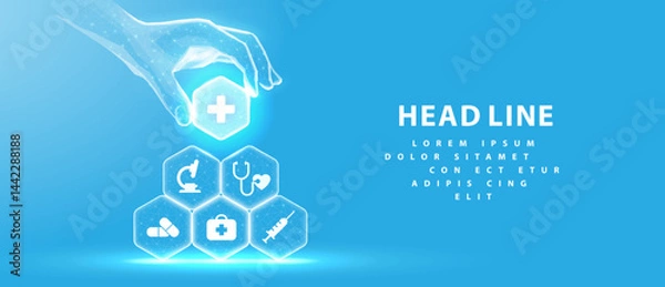 Fototapeta Healthcare system. Medical icons on hexagons made pyramid and hand holding the top element. Health care plane, patient service digital technology, ai integrate