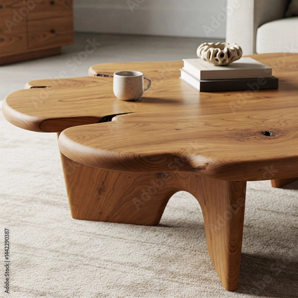 Fototapeta Table basse en bois massif avec design sculptural et organique