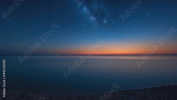 Obraz Lake reflecting the twilight sky adorned with stars after sunset.