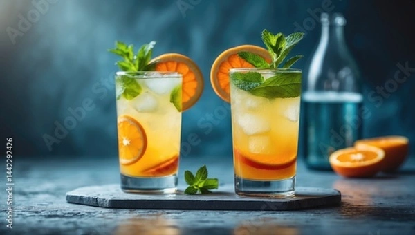 Fototapeta Two cups of a refreshing cold drink on a charming blue rustic background.