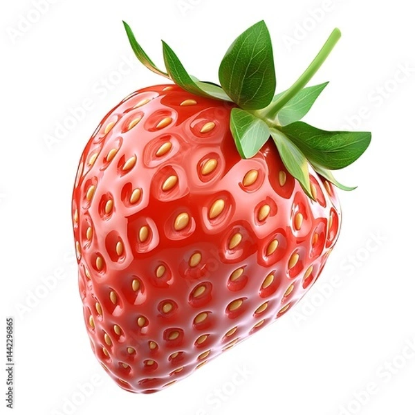 Obraz Close up of a single red strawberry with green leaves on a white background