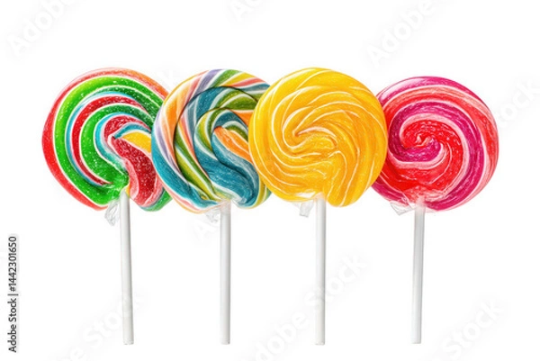 Fototapeta Five Colorful Swirled Lollipops with Sparkle on Sticks On Transparent Background