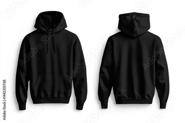 Fototapeta Front and back views of a cozy black hoodie, featuring a kangaroo pocket and drawstring hood. Perfect for casual wear and comfort.