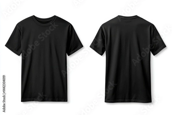Fototapeta Two views of a simple black t-shirt laid flat against a white backdrop, displaying both the front and back sides in clear detail.
